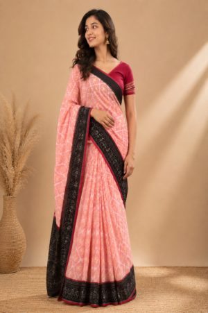 peach pink cotton sambalpuri saree with black contrast border
