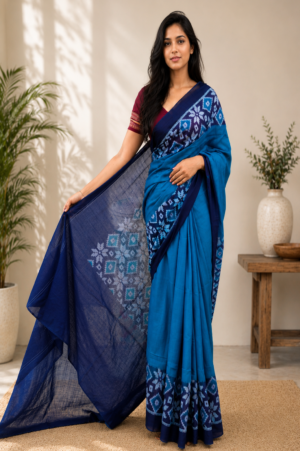 royal blue sambalpuri cotton saree with traditional ikat border