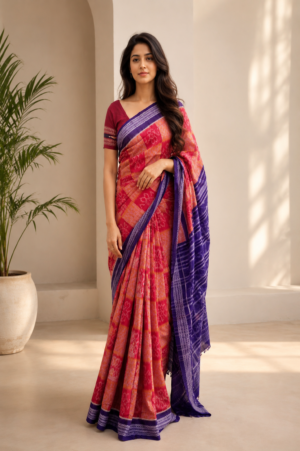 pink & purple sambalpuri handloom cotton saree with blouse piece